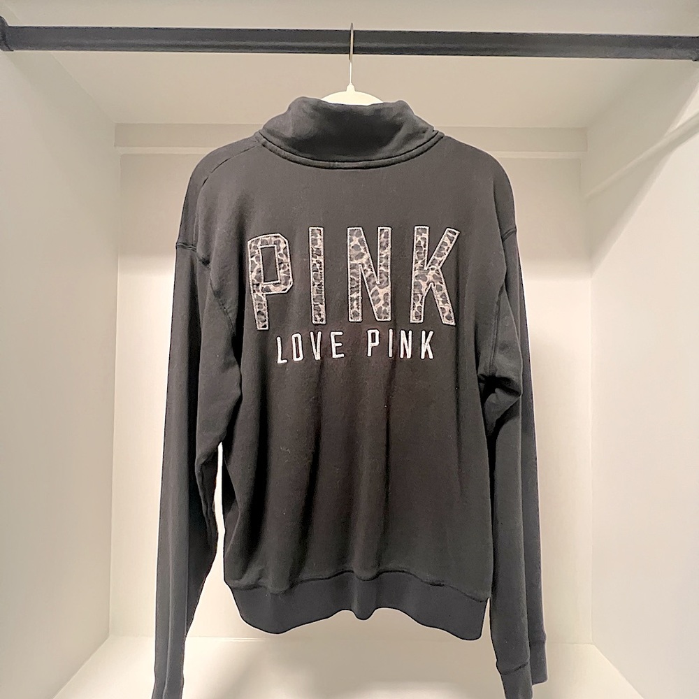 PINK Turtleneck Sweatshirt Black Leopard Print Logo Design - Size Medium